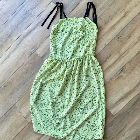 Topshop Floral Midi Dress Maxi Lime Spring Black Tie Drop Waist Boho Ruffle 4 S - Picture 1 of 9